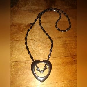 Vintage Hemetite Beaded Necklace Heart Pendant w/Star Beads 10"